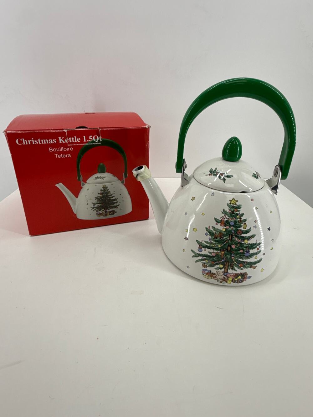 Nikko Christmas Tree Kettle Enamel Tea Kettle Vintage 1980s Holiday Kitchen